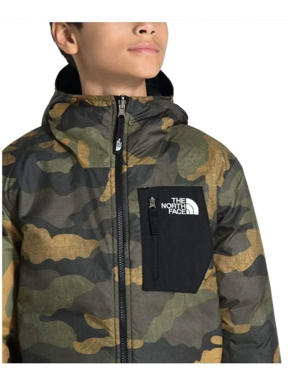 The North Face Reversible Green Camo Hooded Puffer Jacket Coat Youth Boys S 7/8